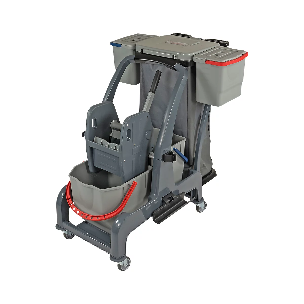 Grey cleaning cart with buckets, mop holder, and waste containers. Red and blue accents.