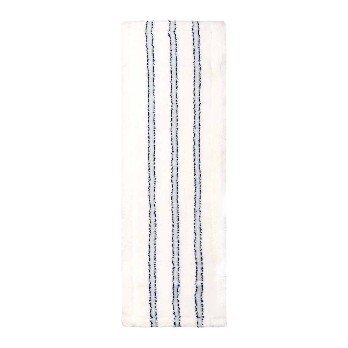 White kitchen towel with three vertical, blue stripes.