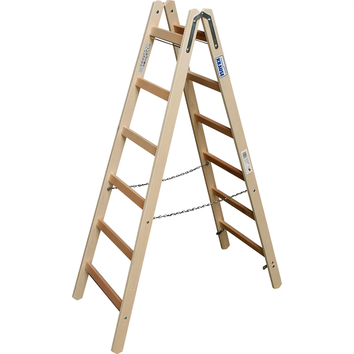 Leiter aus Holz, frei stehend mit Sprossen und Kette.