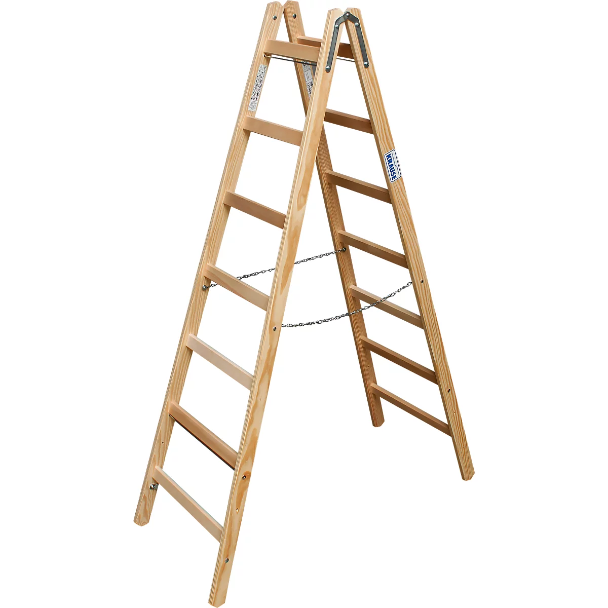 Holz-Doppelleiter, in A-Form aufgestellt, mit Kettensicherung und einem blauen Aufkleber.