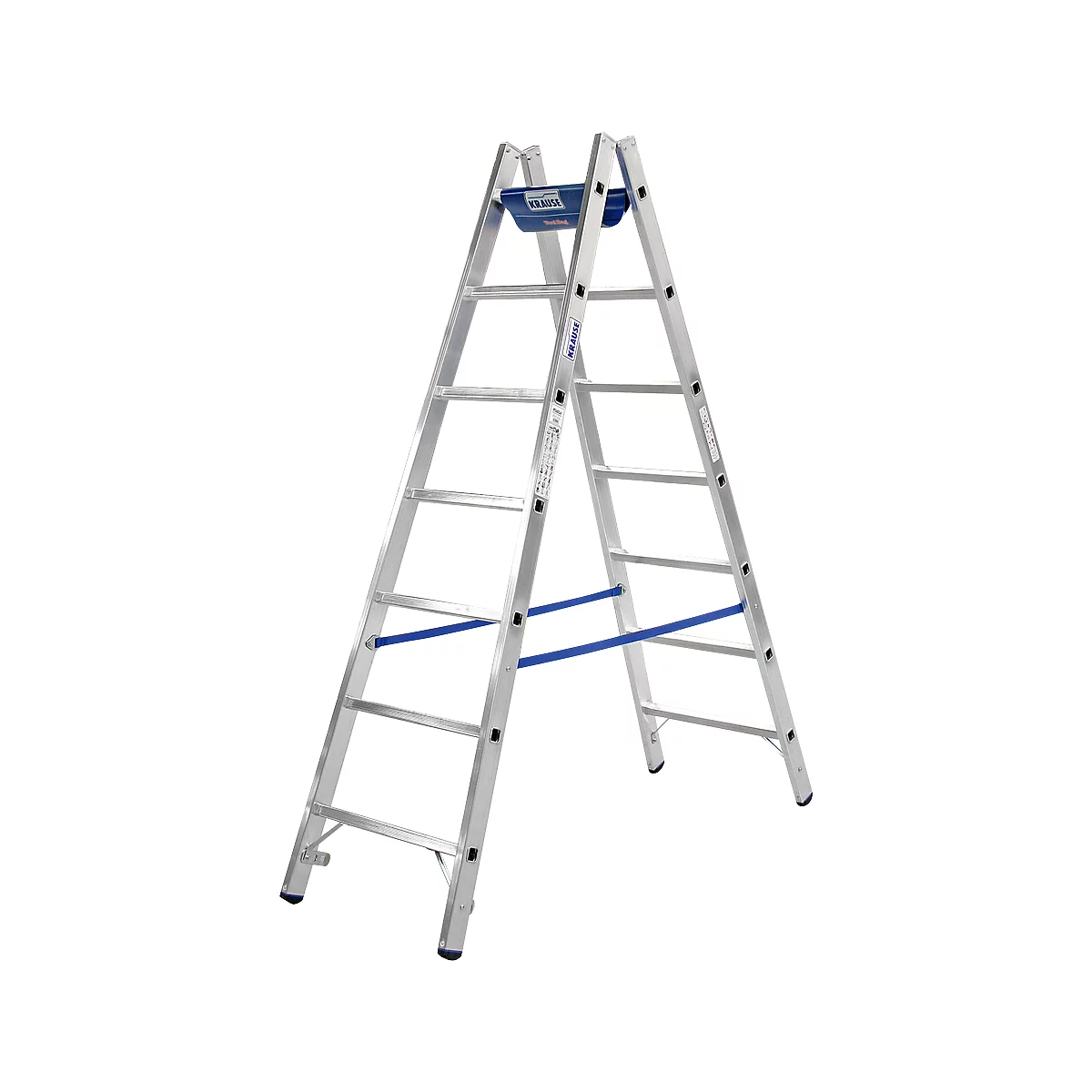 Eine silberne Leiter, mit blauen Stützstangen und einer blauen Ablageschale. Auf der Schale ist ein Schriftzug zu erkennen.