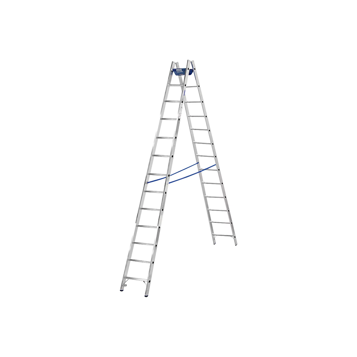 Eine silberne, stehende Leiter in A-Form, mit blauen Verstrebungen.