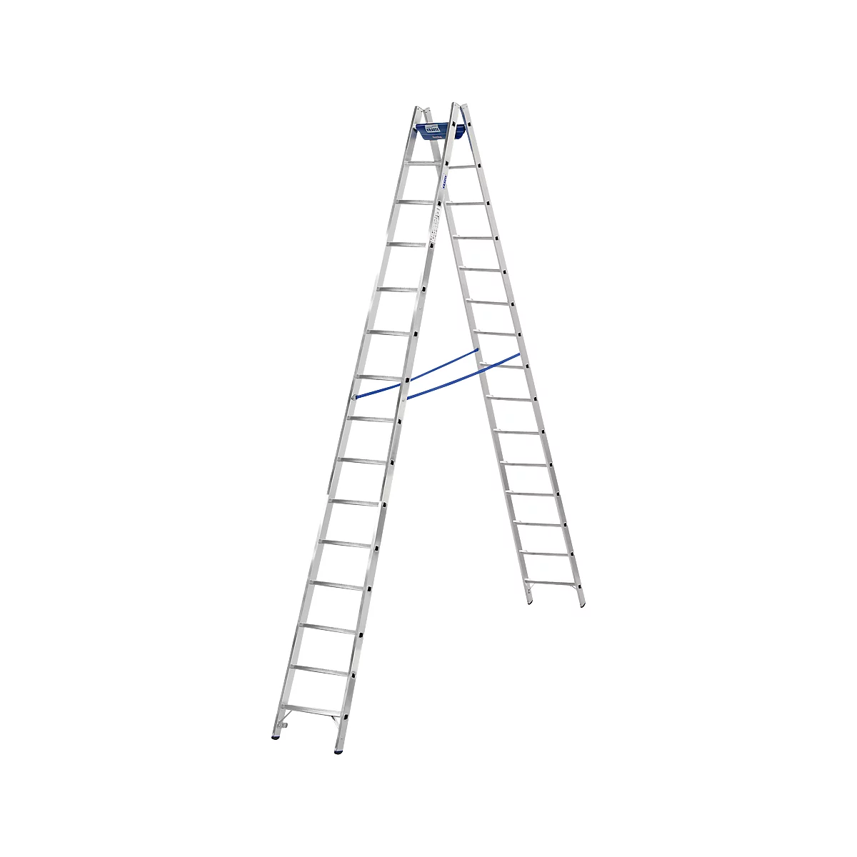Eine Aluminium-Leiter, die in einer A-Form aufgestellt ist. Sie hat blaue Verbindungsstreben und eine Plattform oben.