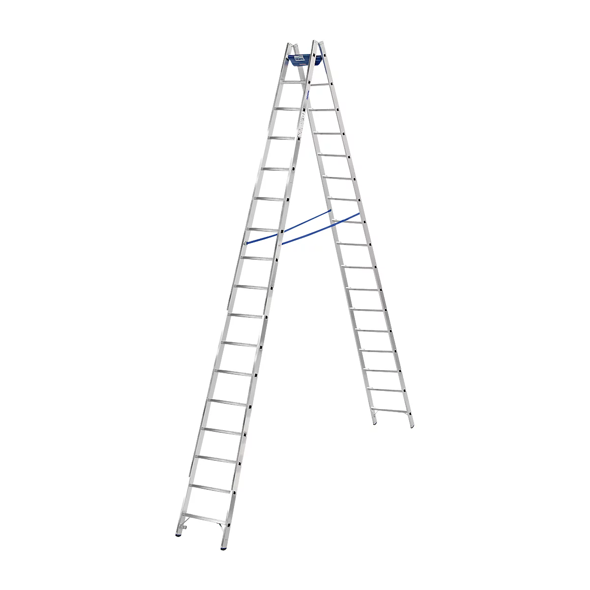 Eine silberfarbene Leiter, die sich V-förmig öffnet, steht vor weißem Hintergrund.