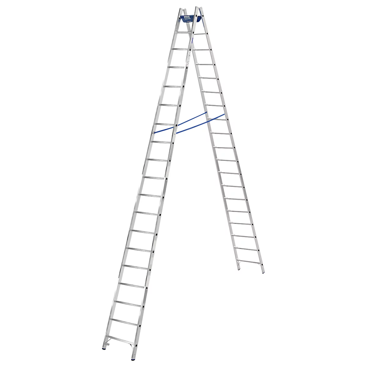 Eine silberne Leiter, die aufrecht steht. Sie besteht aus zwei Teilen, die sich an der Spitze treffen.