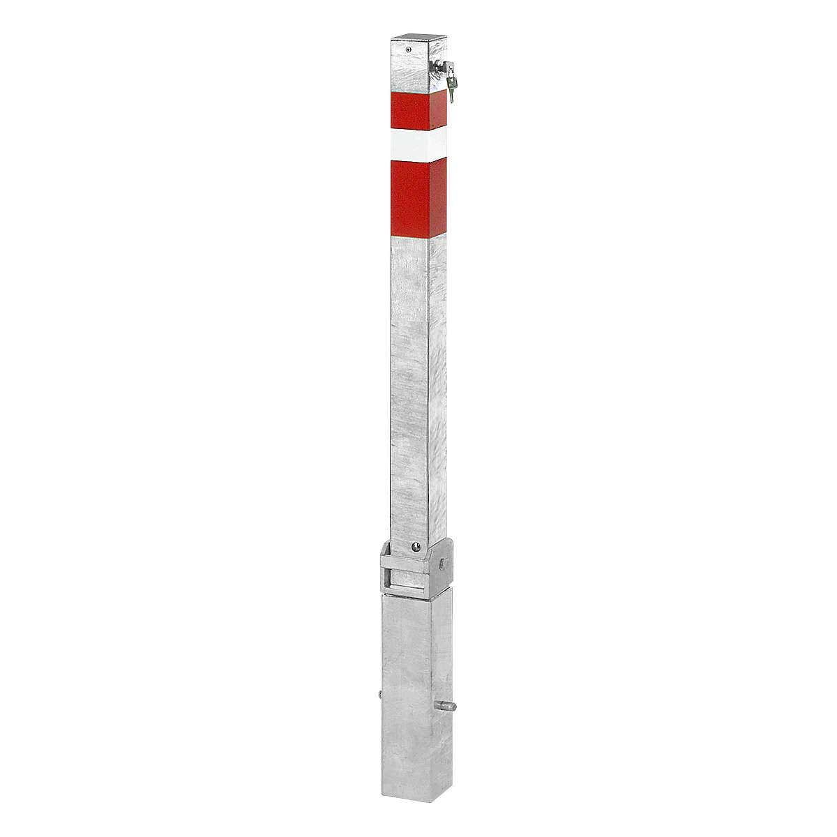 A silver bollard with red and white stripes. It is fixed in a gray foundation.