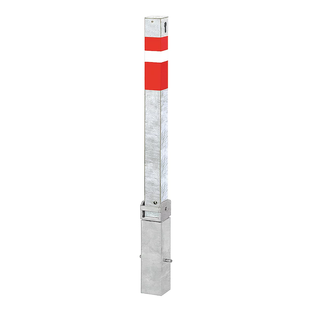 A polished, rectangular post with a red band. The post has a gray color and a square base.