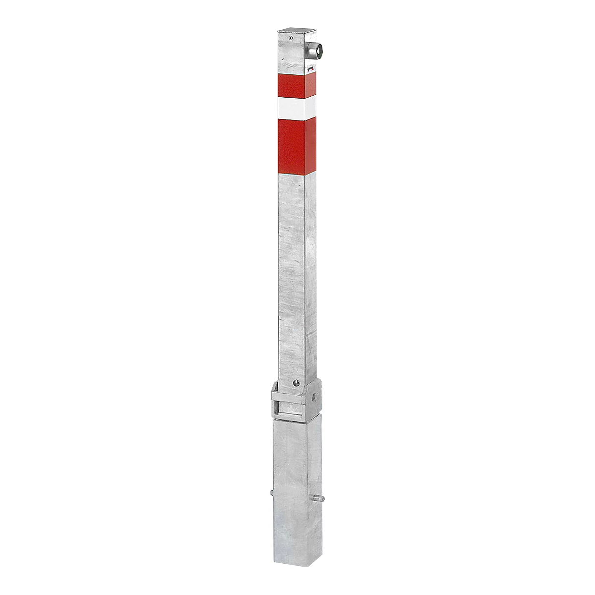 A rectangular, silver bollard with red and white markings.