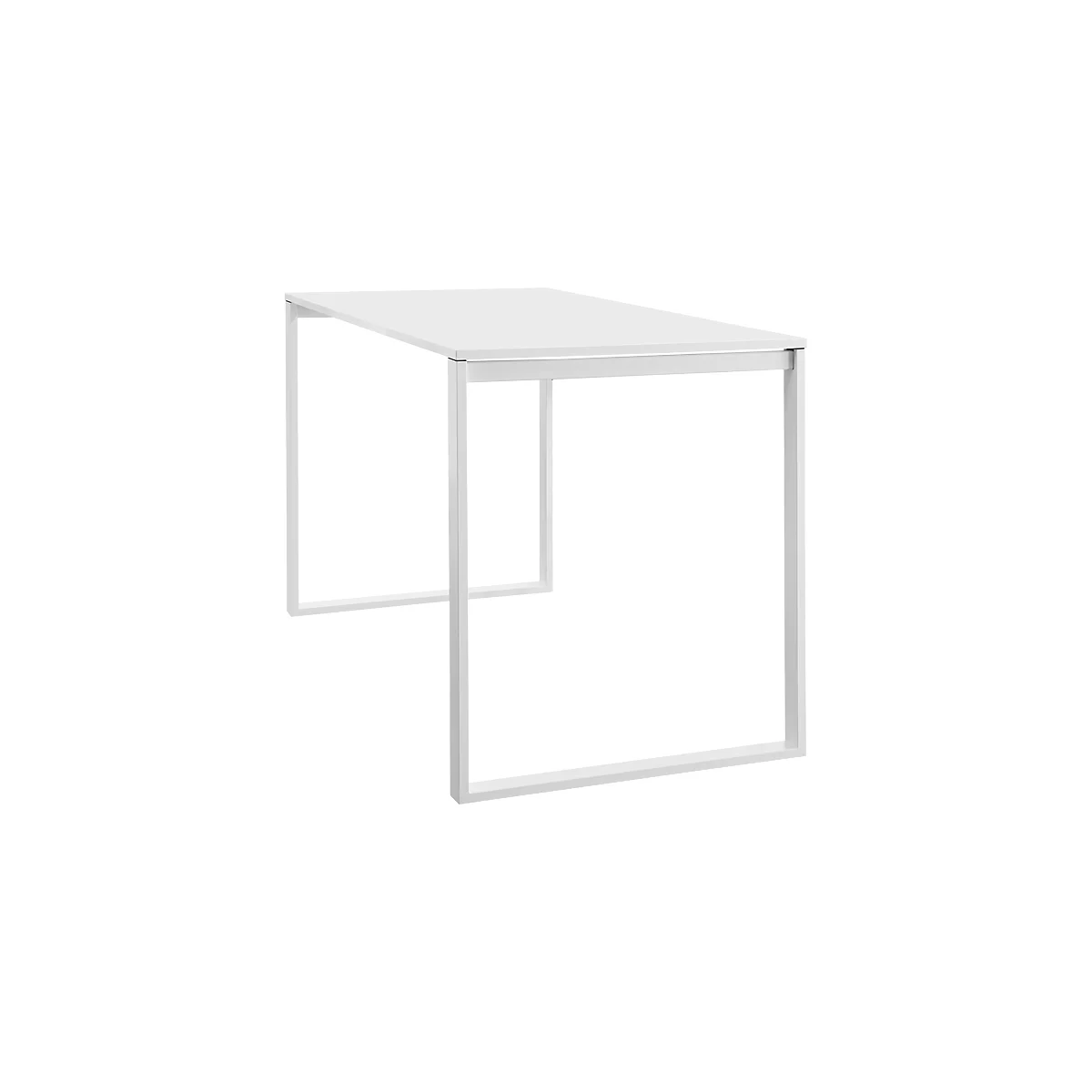 White table with rectangular tabletop and angular metal frame.