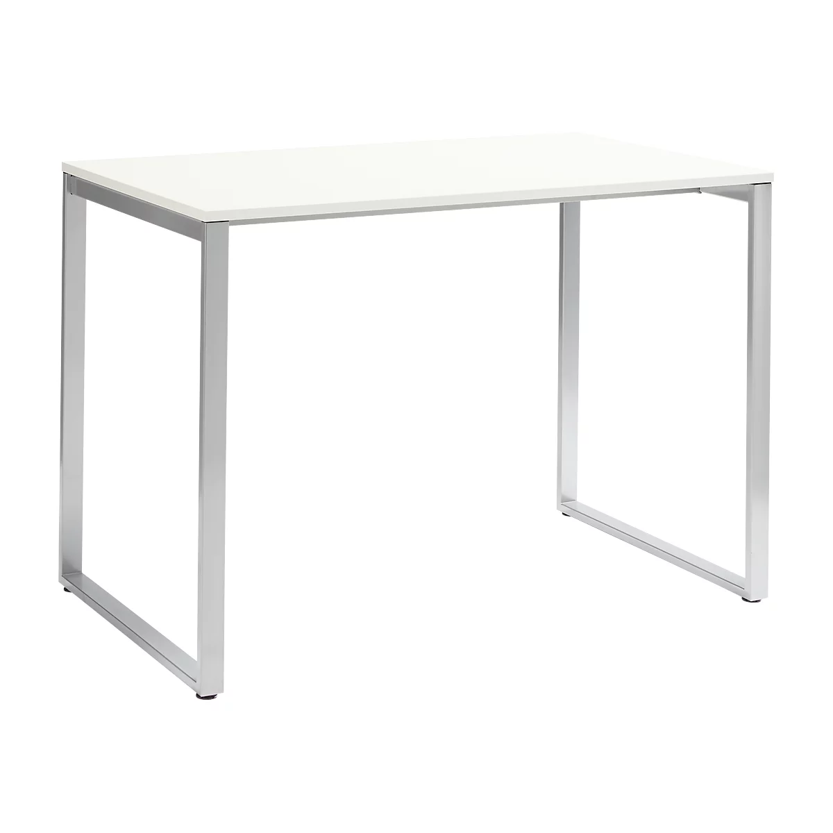 A white desk with silver metal legs forming a rectangular frame.