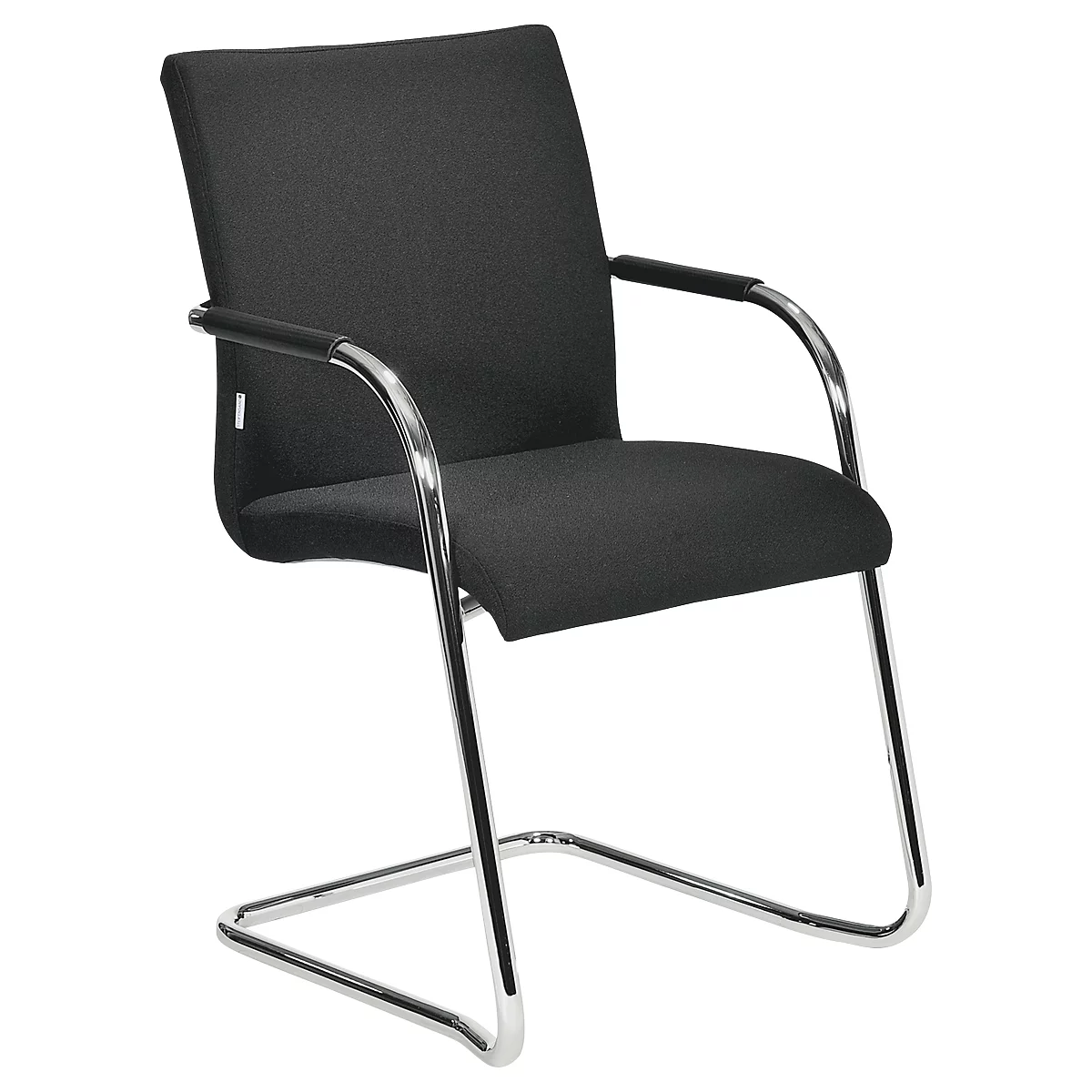 Black cantilever chair with armrests and chrome frame, detail shot.