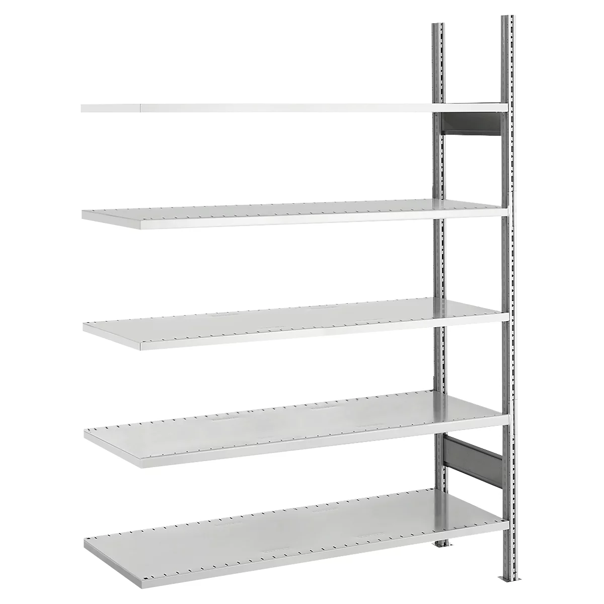 Een zilverkleurige metalen stellingkast met vijf planken tegen een witte achtergrond.