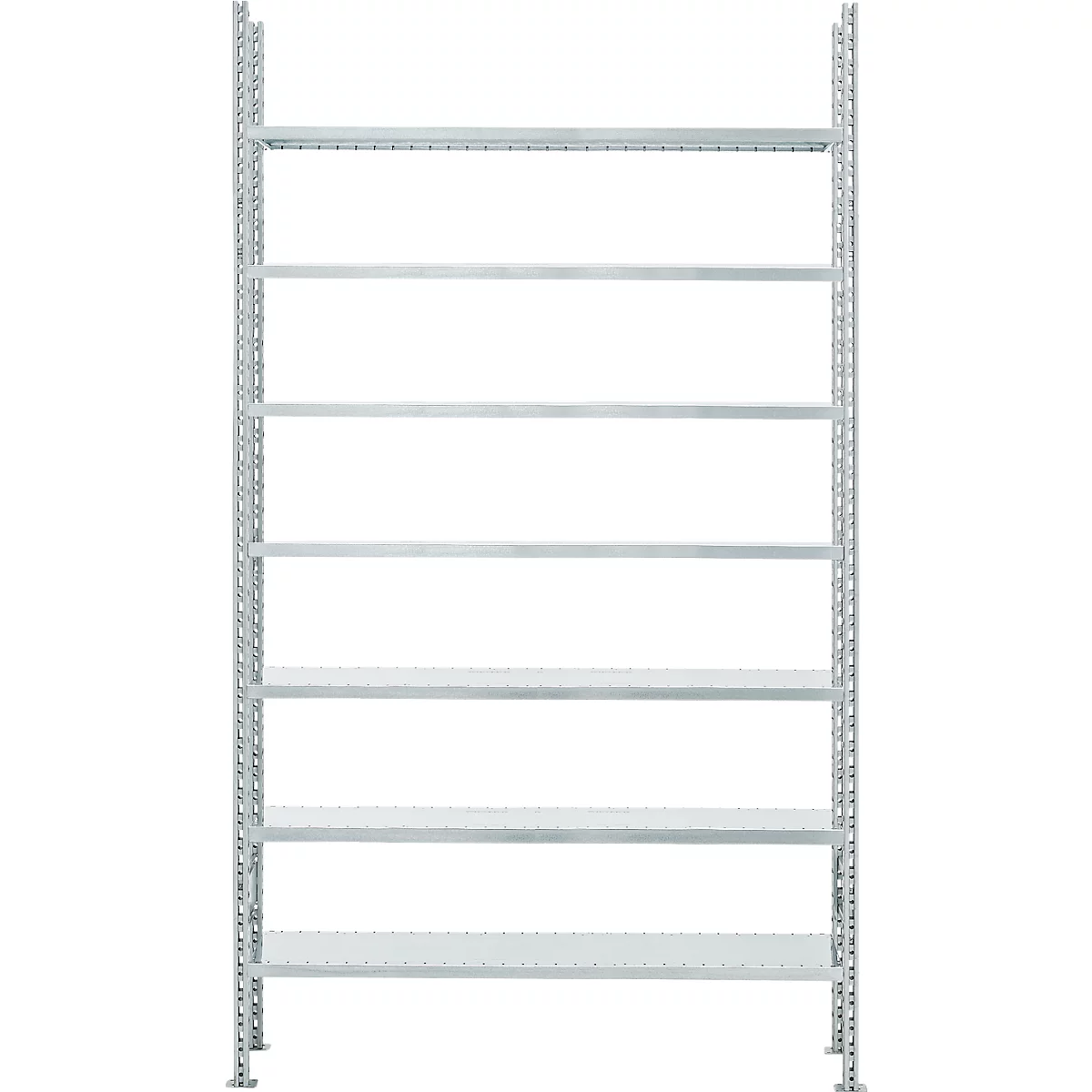 Hoog, zilverkleurig metalen rek met zeven planken tegen een witte achtergrond.