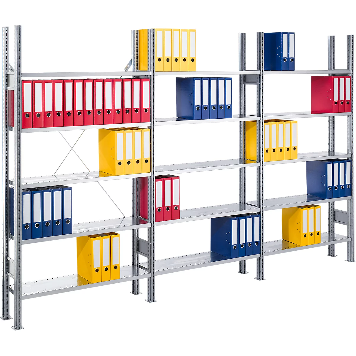 Metal shelving unit filled with folders in red, yellow, and blue. The folders are sorted by color.
