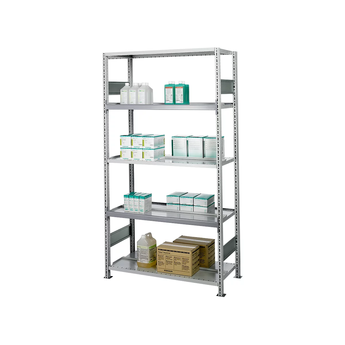 Gray shelving unit with multiple levels, filled with bottles and boxes. Various products are visible on the shelves.