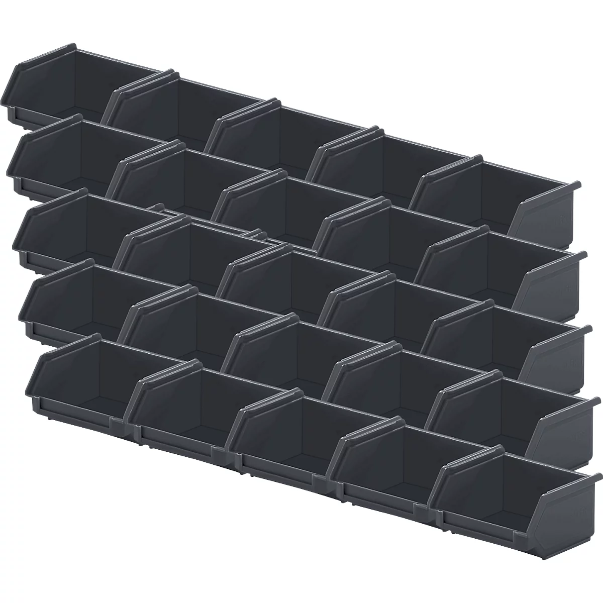 Bac de rangement en plastique sombre, à face ouverte, disposés en rangées. Chaque bac a un devant incliné pour un accès facile.