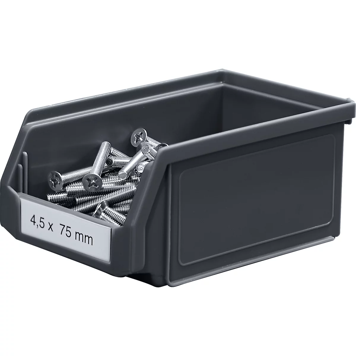 Boîte en plastique grise avec des vis, étiquetée "4,5 x 75 mm".