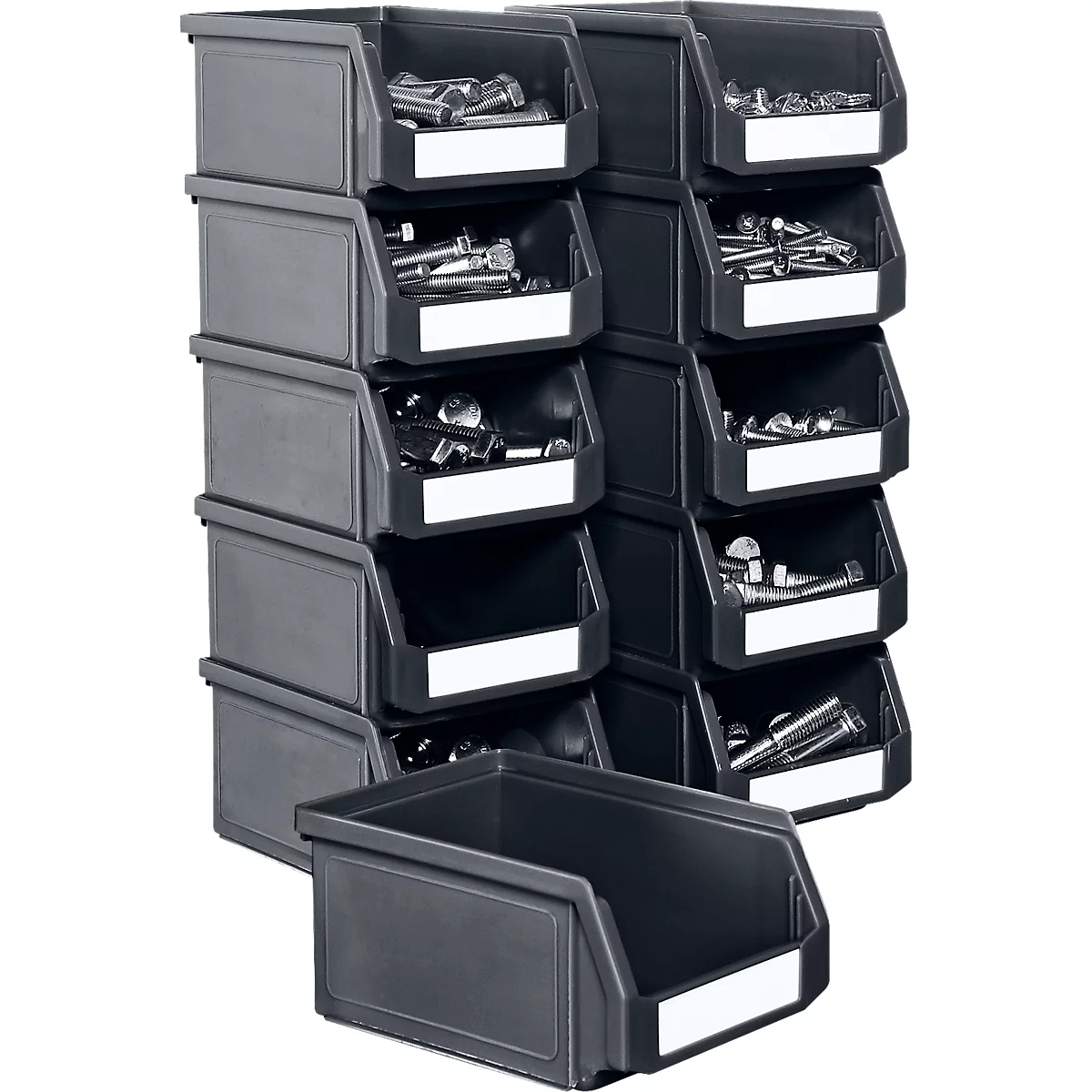 Bac en plastique gris remplis de vis et d'outils. Chaque boîte a une étiquette blanche.