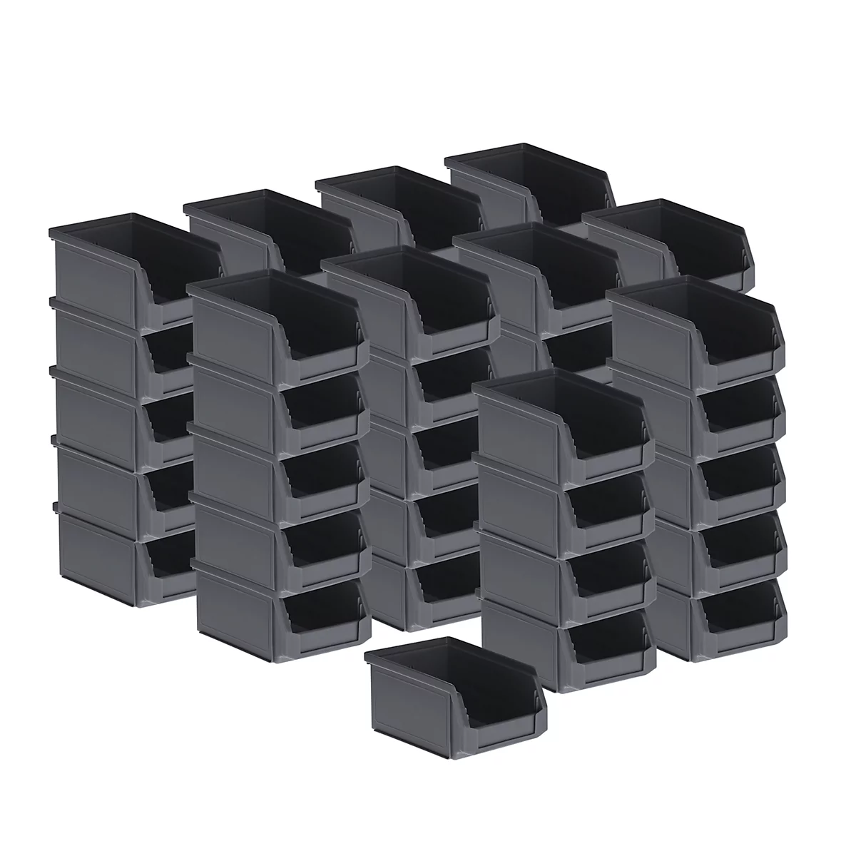 Bacs de rangement en plastique gris, empilés sur fond blanc.