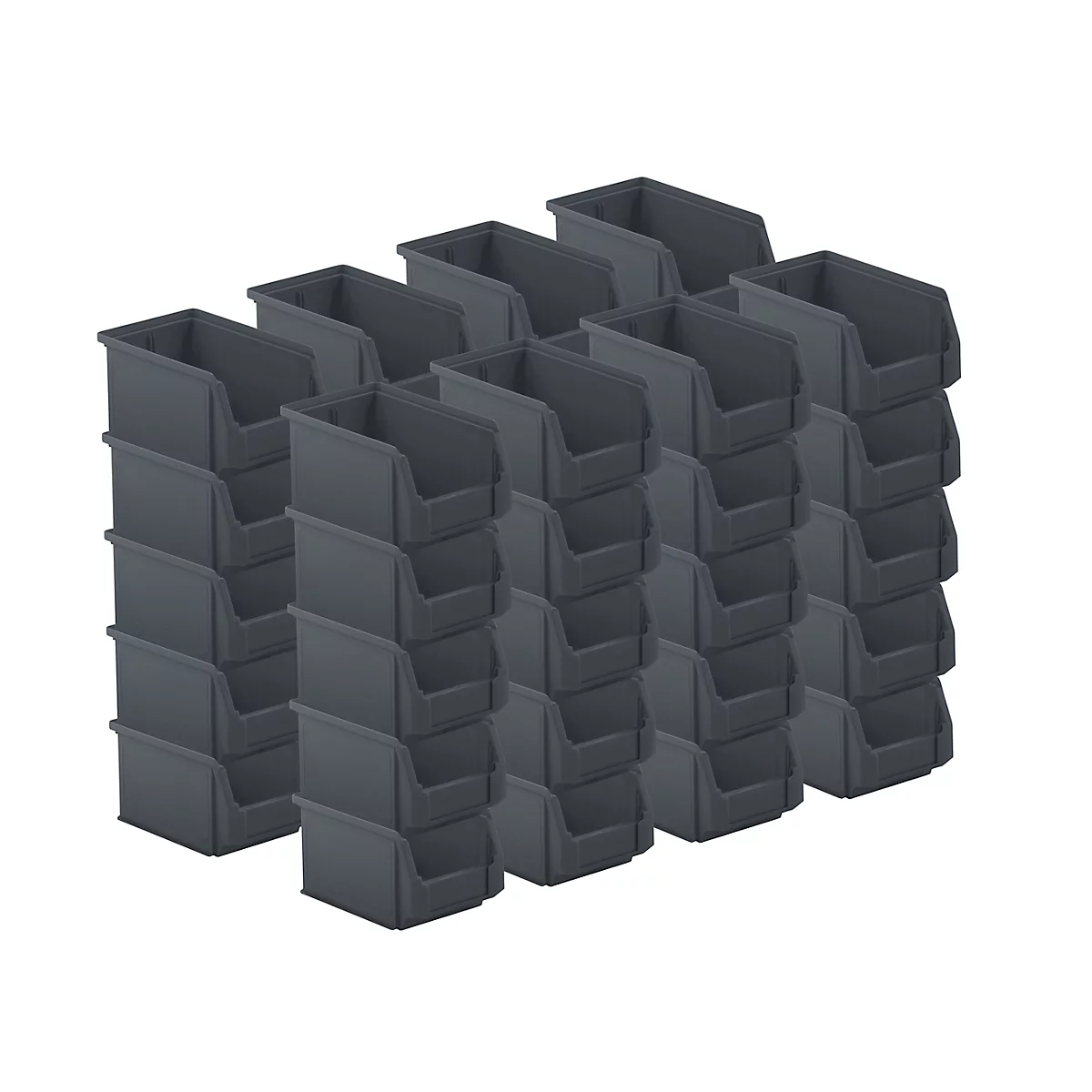 Des bacs de rangement en plastique gris sont empilés pour maintenir l'ordre.