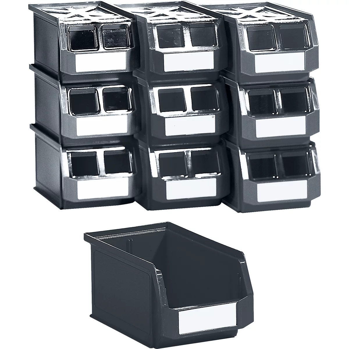 Bac de rangement en plastique noir avec une partie supérieure ouverte et un devant incliné.