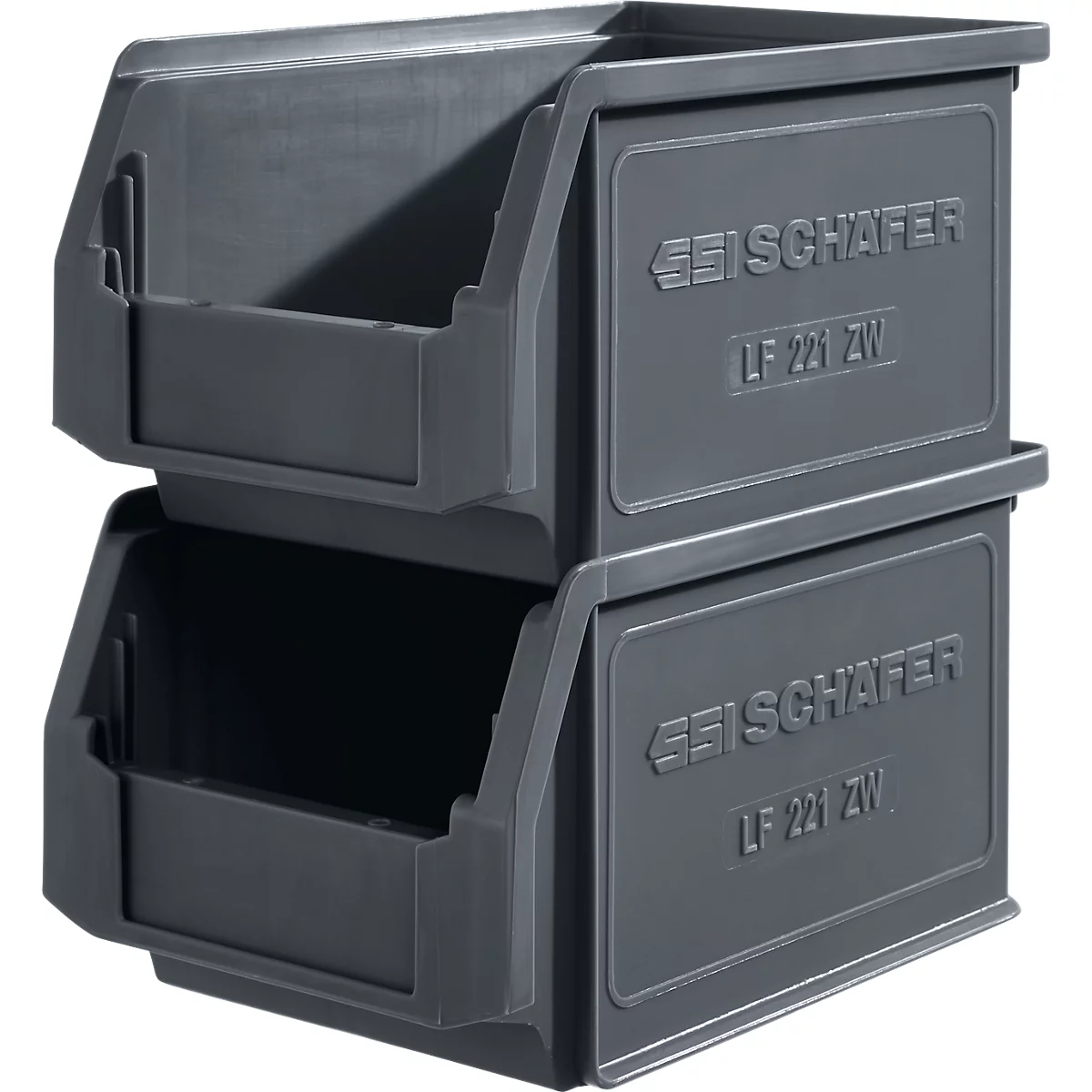 Deux bacs de stockage en plastique gris, empilés l'un sur l'autre. Inscription : SCHÄFER LF 221 ZW.