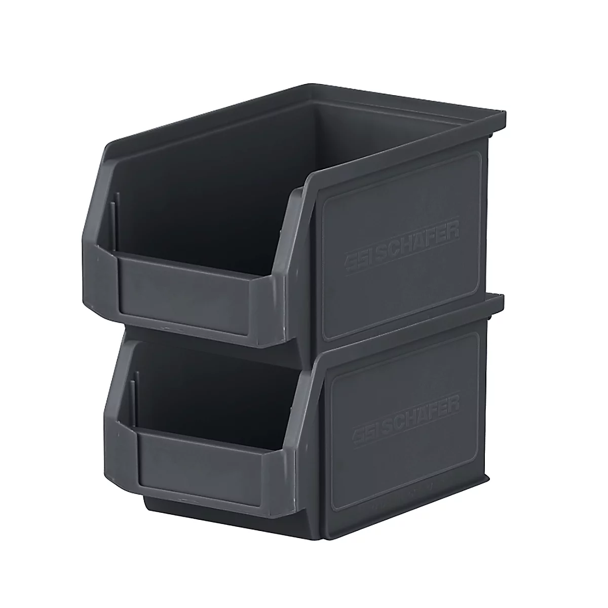 Deux boîtes de rangement grises en plastique empilées l'une sur l'autre. Les boîtes sont ouvertes et comportent une étiquette avec le texte 'SEISCHNER'.