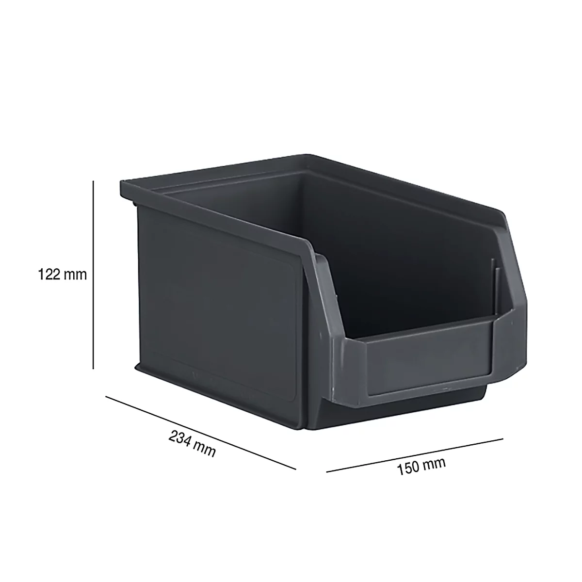 Bac de stockage en plastique gris foncé avec dimensions. 122 mm de haut, 234 mm de large, 150 mm de profondeur.
