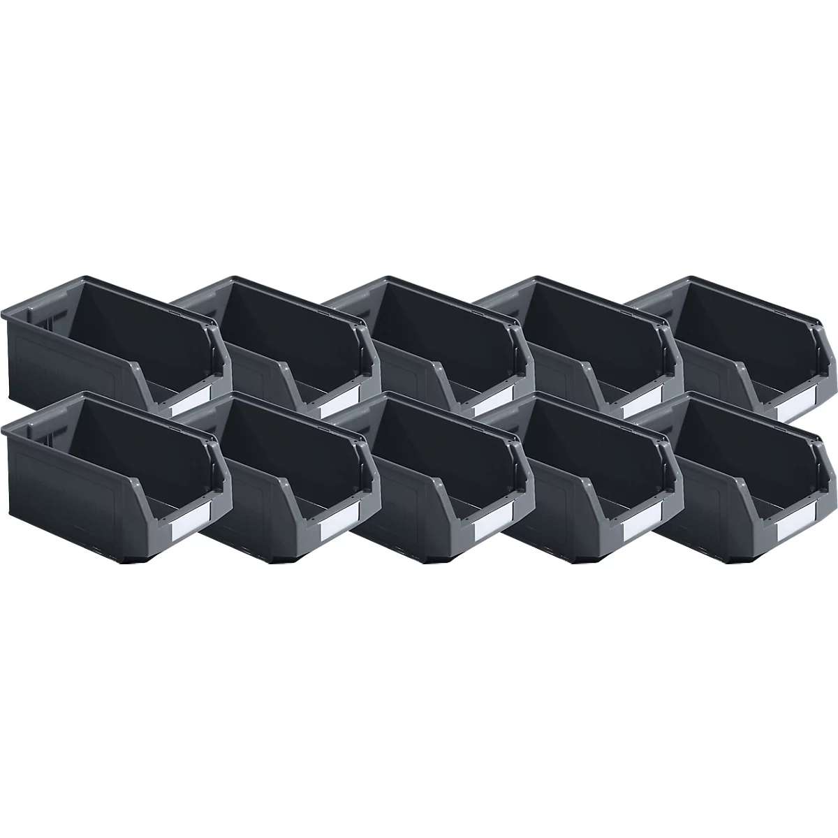 Disposition de dix bacs en plastique sombres et rectangulaires. Chaque bac a une face avant inclinée avec une étiquette blanche et un bord supérieur ouvert.