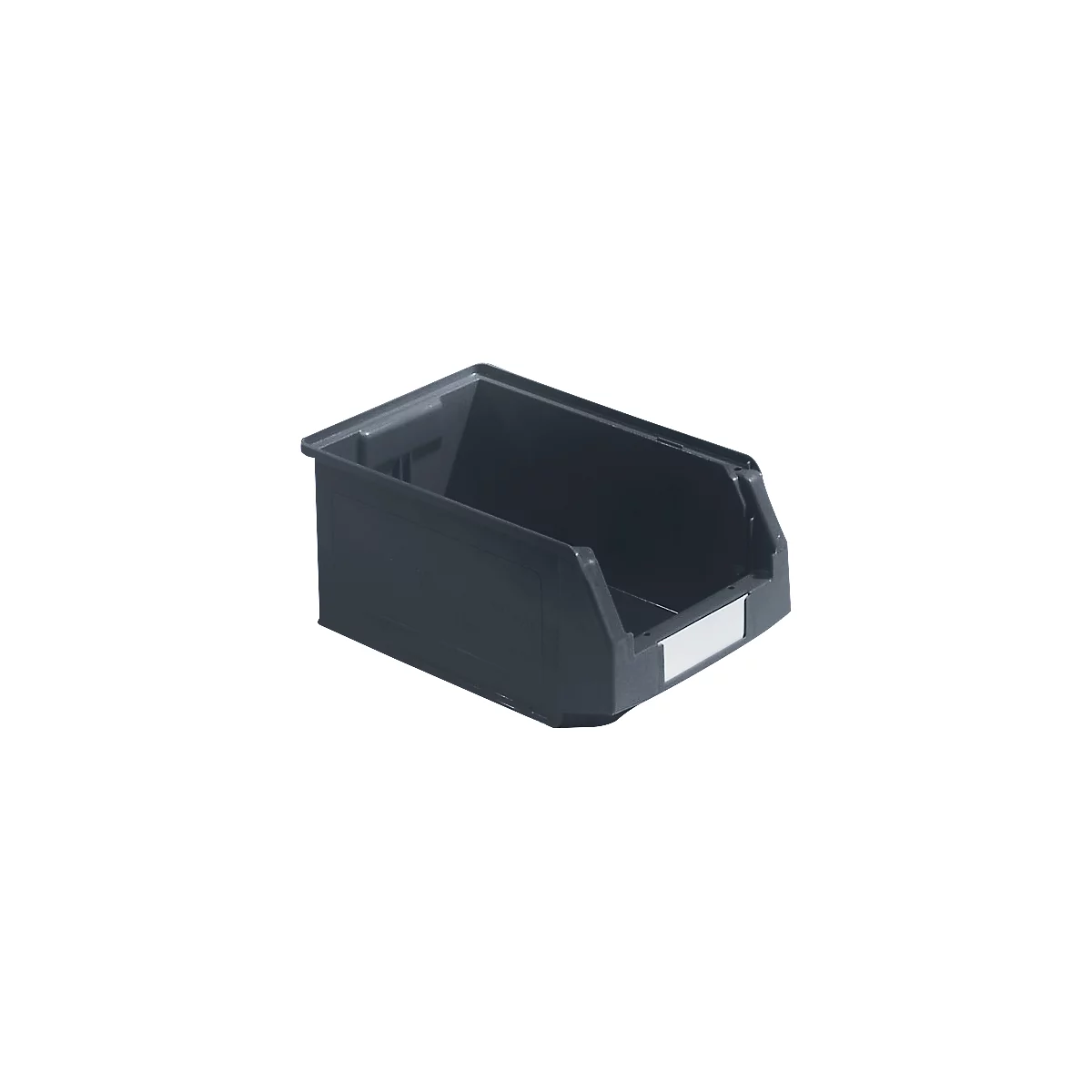 Bac de rangement en plastique noir avec une étiquette blanche, pour le stockage de petites pièces.