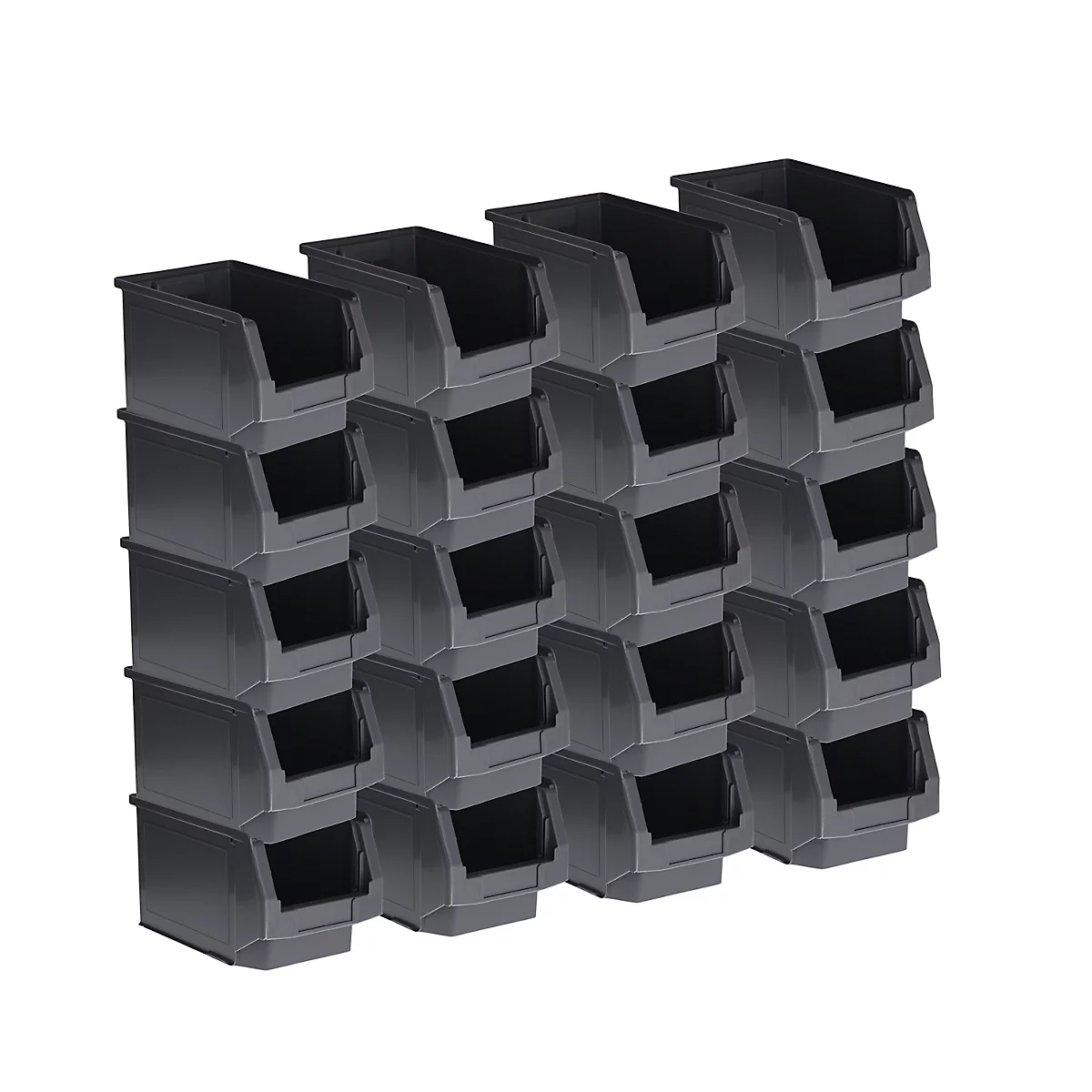 Des bacs de rangement en plastique gris empilés. Le dessus est ouvert, l'avant incliné pour révéler le contenu.