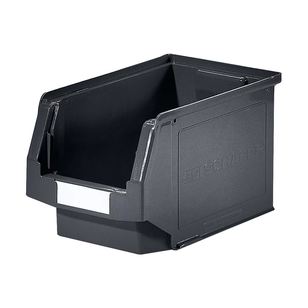 Boîte en plastique grise et ouverte. "SCHALLER" est visible sur le côté, avec une surface blanche en dessous.