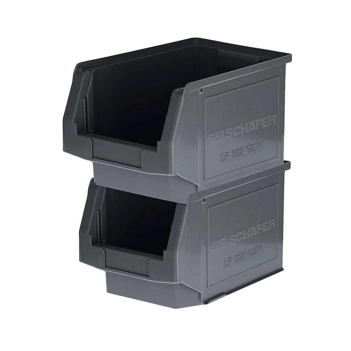 Deux bacs de stockage gris, empilés l'un sur l'autre. Inscription: SCHÄFER.
