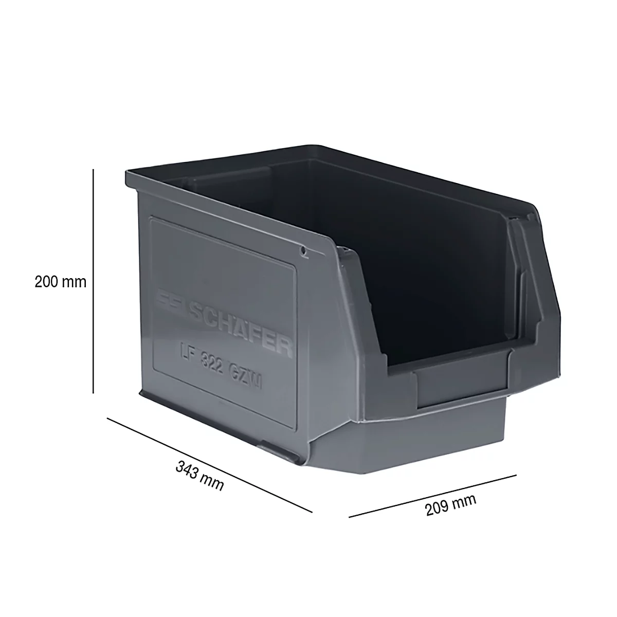 Boîte en plastique grise, dimensions 343 x 209 x 200 mm. 'FE SCHAFER, LF 822 GZW' est écrit sur le côté.