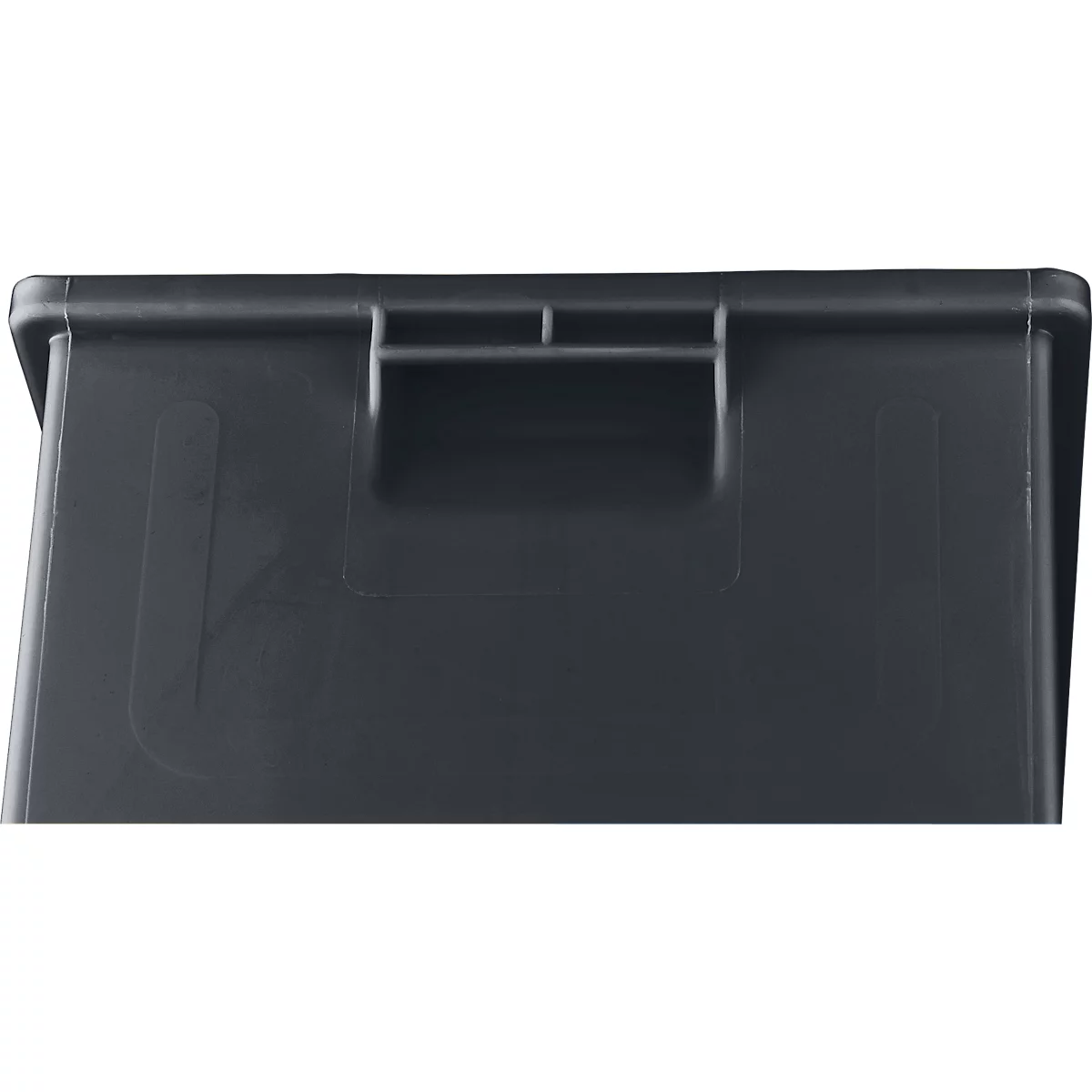 Boîte en plastique gris foncé avec poignée. Bord supérieur, rectangulaire, ombragé.