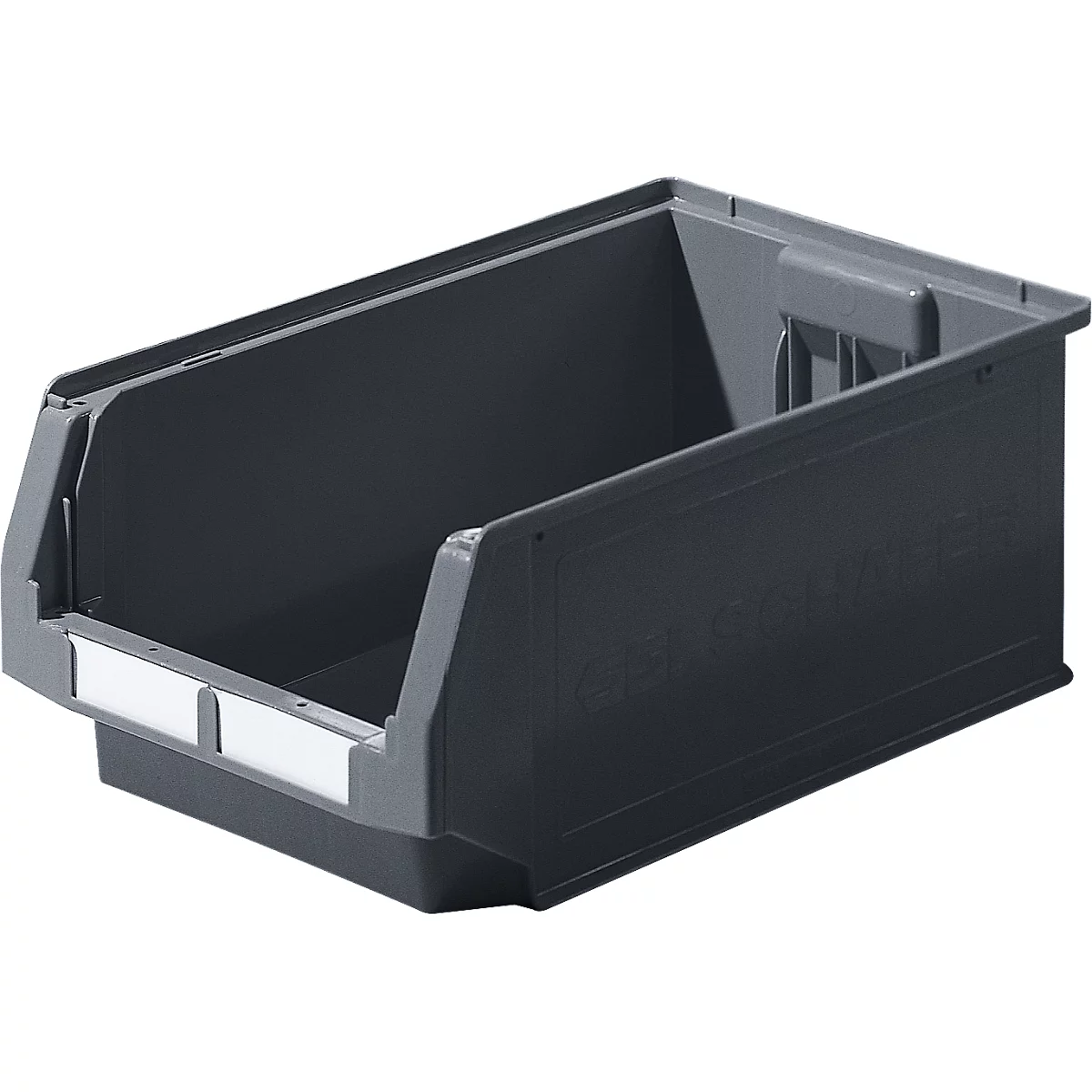 Bac en plastique gris avec façade inclinée, pour ranger des articles. Le conteneur est posé sur un fond blanc.