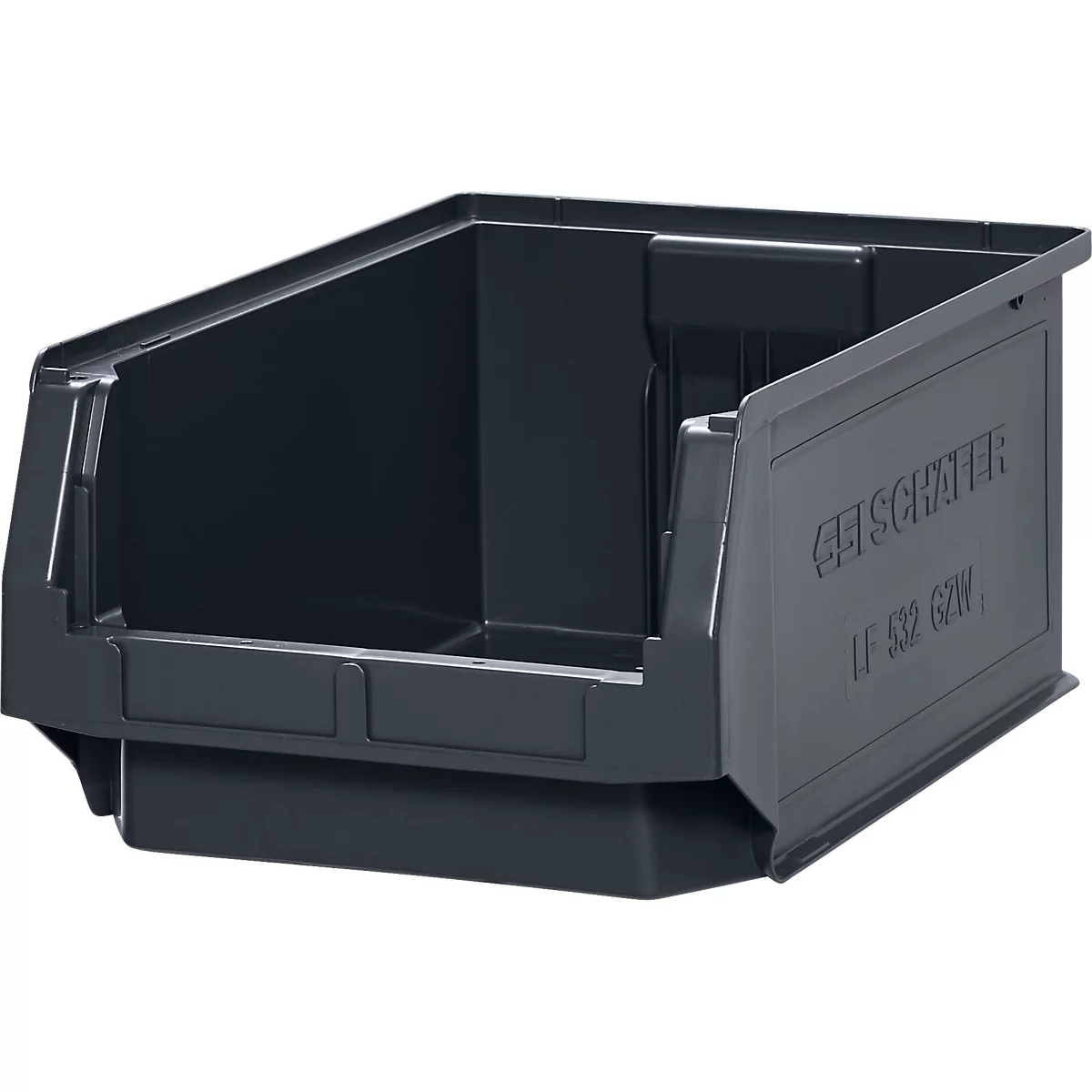 Bac en plastique gris foncé avec un devant incliné. L'inscription "GESCHWÄRMER" est visible sur le côté.