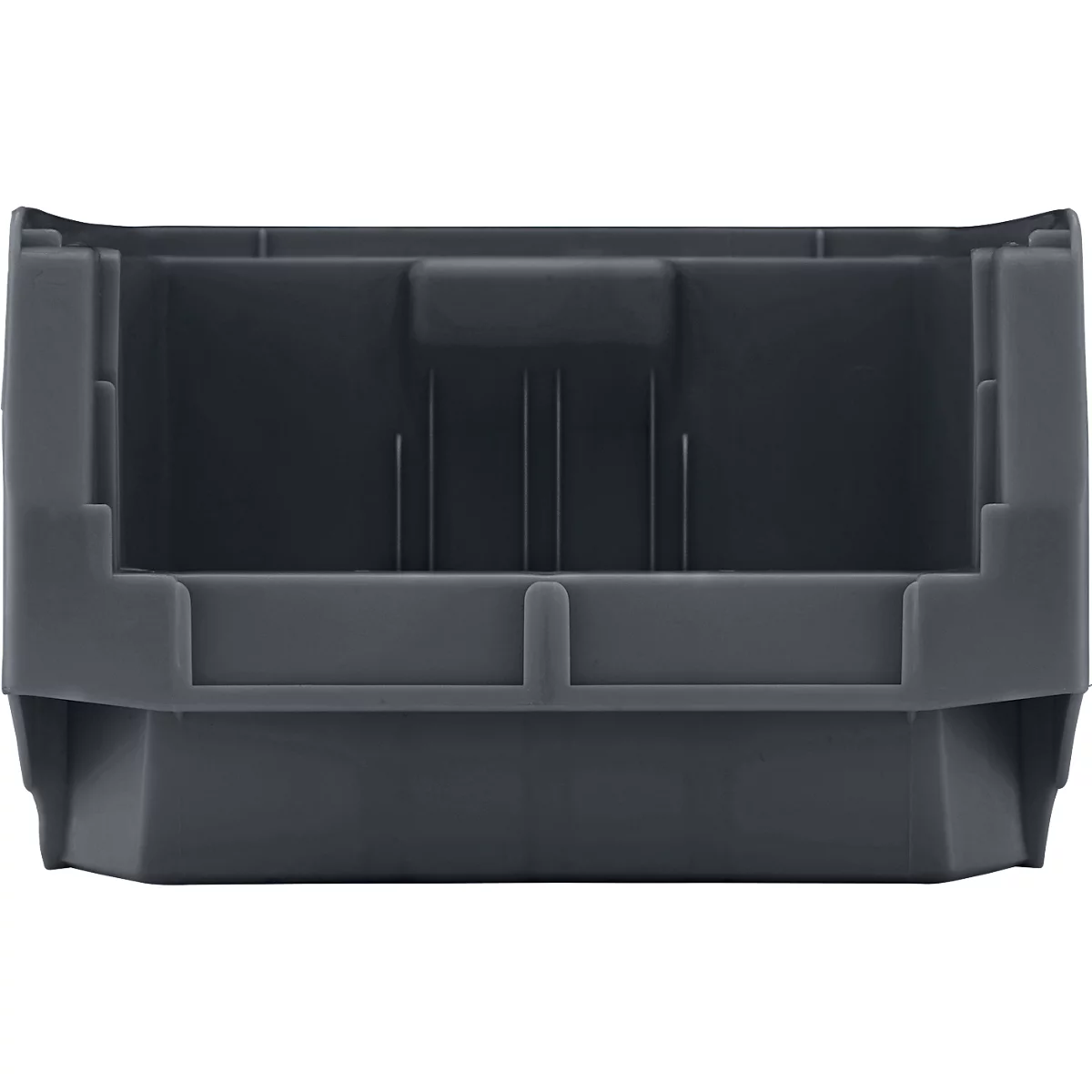 Bac en plastique gris. Boîte de rangement avec compartiments ouverts pour l'organisation. Forme rectangulaire avec côtés surélevés.