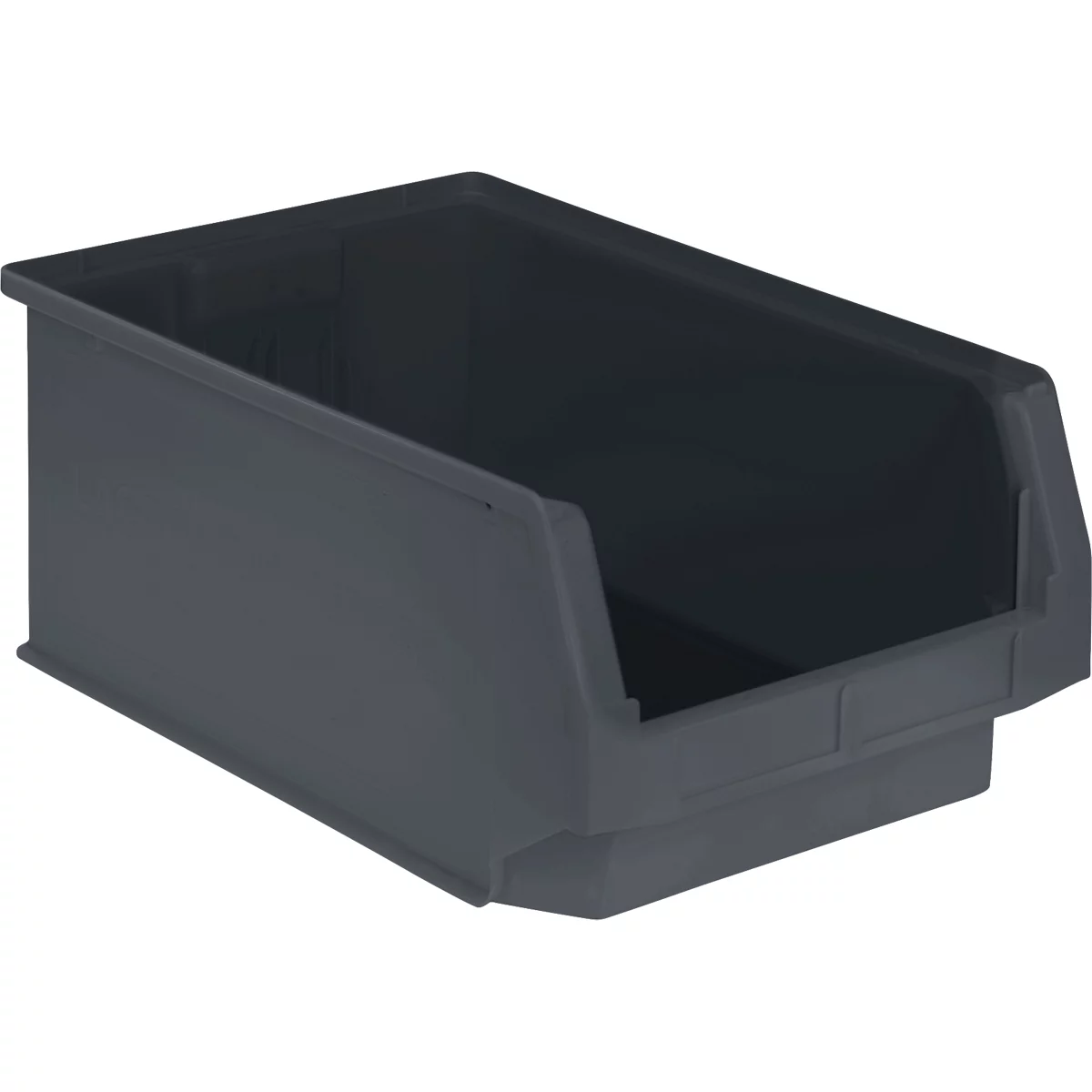 Bac de rangement en plastique gris foncé, photographié en biais par le haut. Boîte ouverte pour le stockage ou l'organisation.
