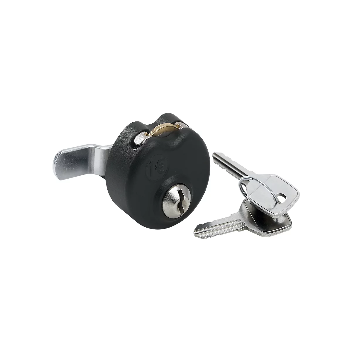 Black cabinet lock with two keys. Detailed shot.