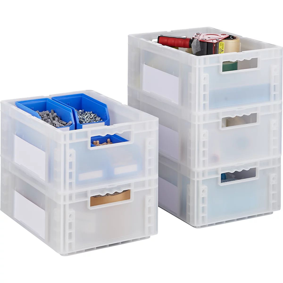Zwei stapelbare, transparente Kunststoffboxen. Eine Box enthält blaue Behälter mit Schrauben. Die andere ist mit Werkzeug gefüllt.
