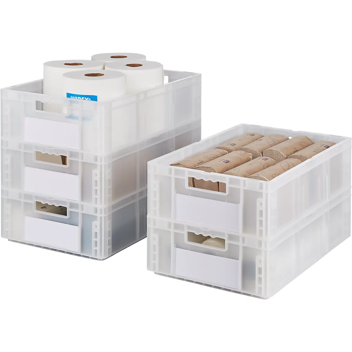 Twee transparante plastic dozen gevuld met papieren rollen en andere items. Labels zijn aan de dozen bevestigd.