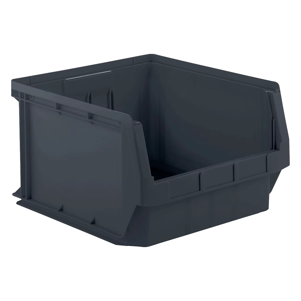 Dark gray plastic bin with sloping front, empty.