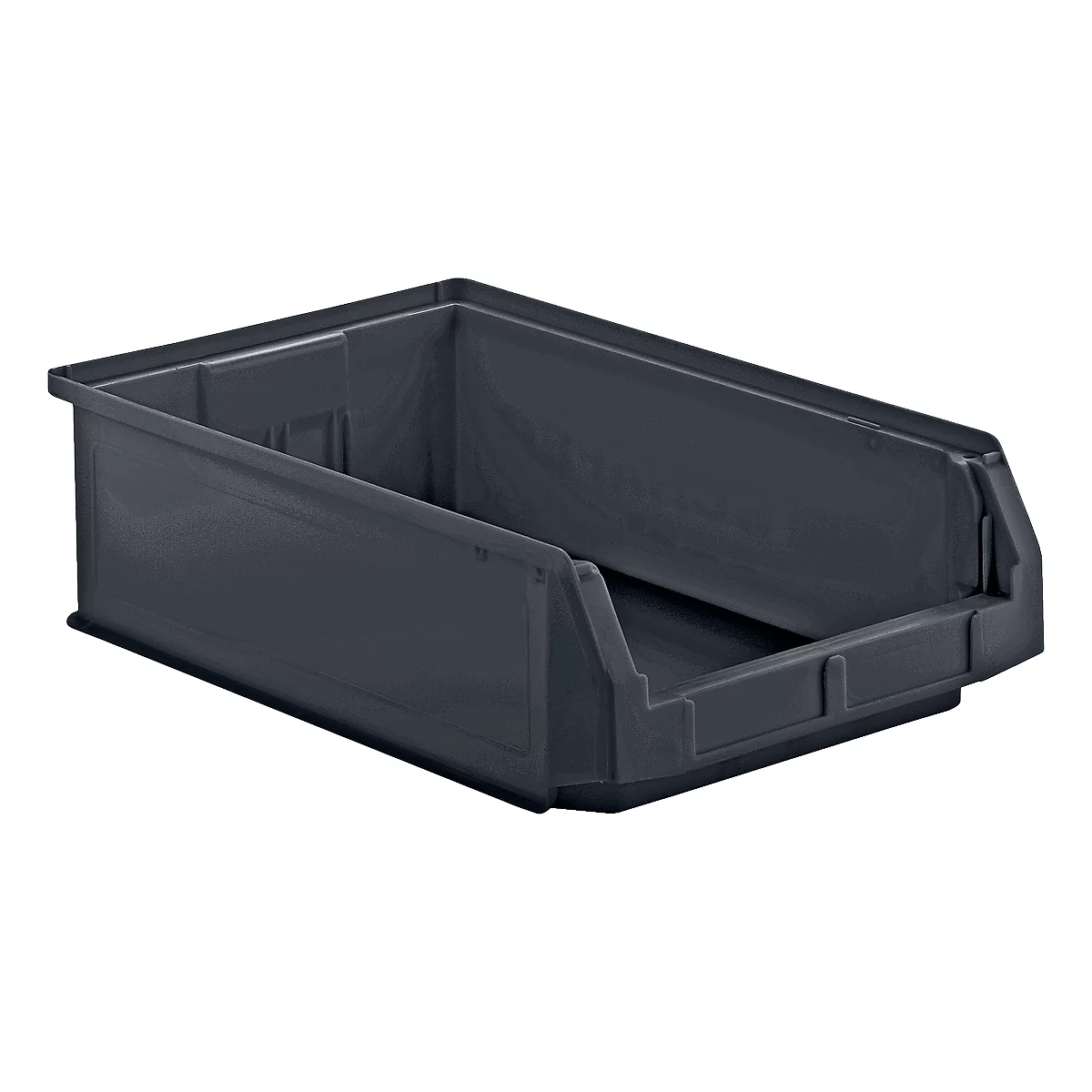 Caja de plástico gris con frente inclinado, asa lateral y forma rectangular.