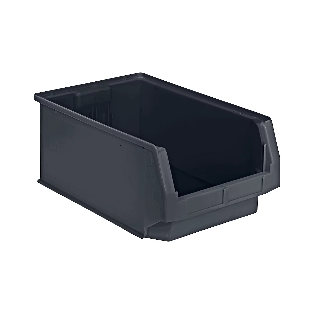 Contenedor de plástico negro con frente inclinado, en detalle. Ideal para organizar piezas pequeñas.