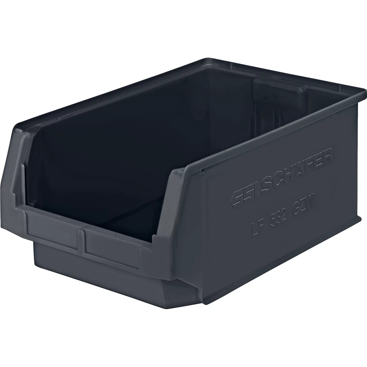 Caja de plástico gris oscuro con frente inclinado, inscripción en el lateral.