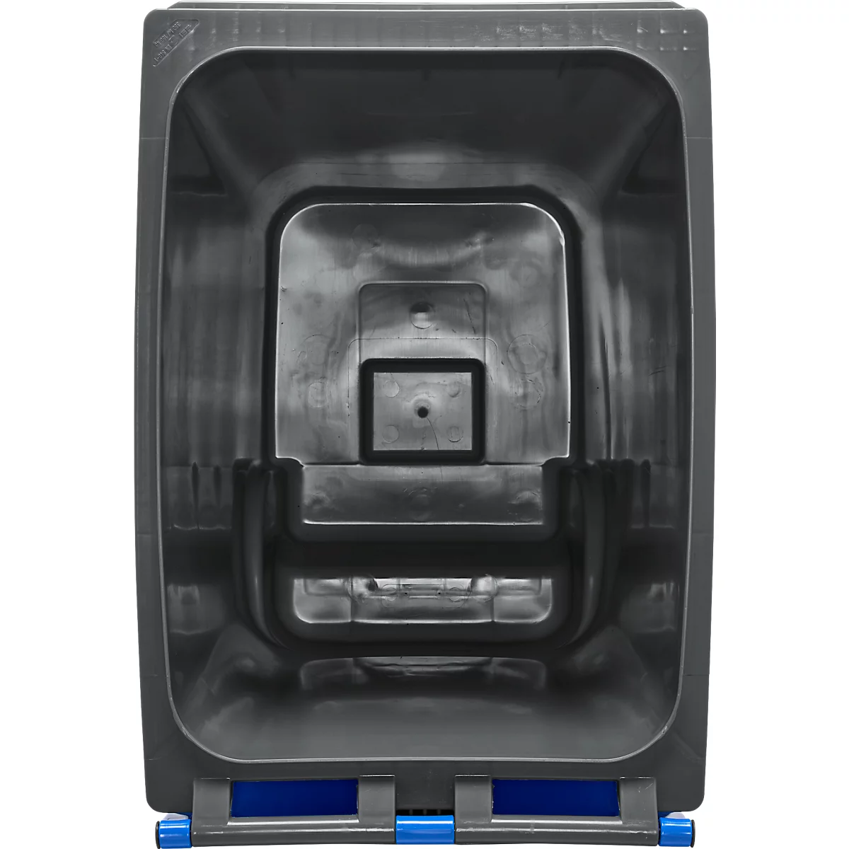 Donkergrijze, hoekige vuilnisbak, bovenaanzicht. Blauwe details aan de onderkant. Interne uitsparingen.