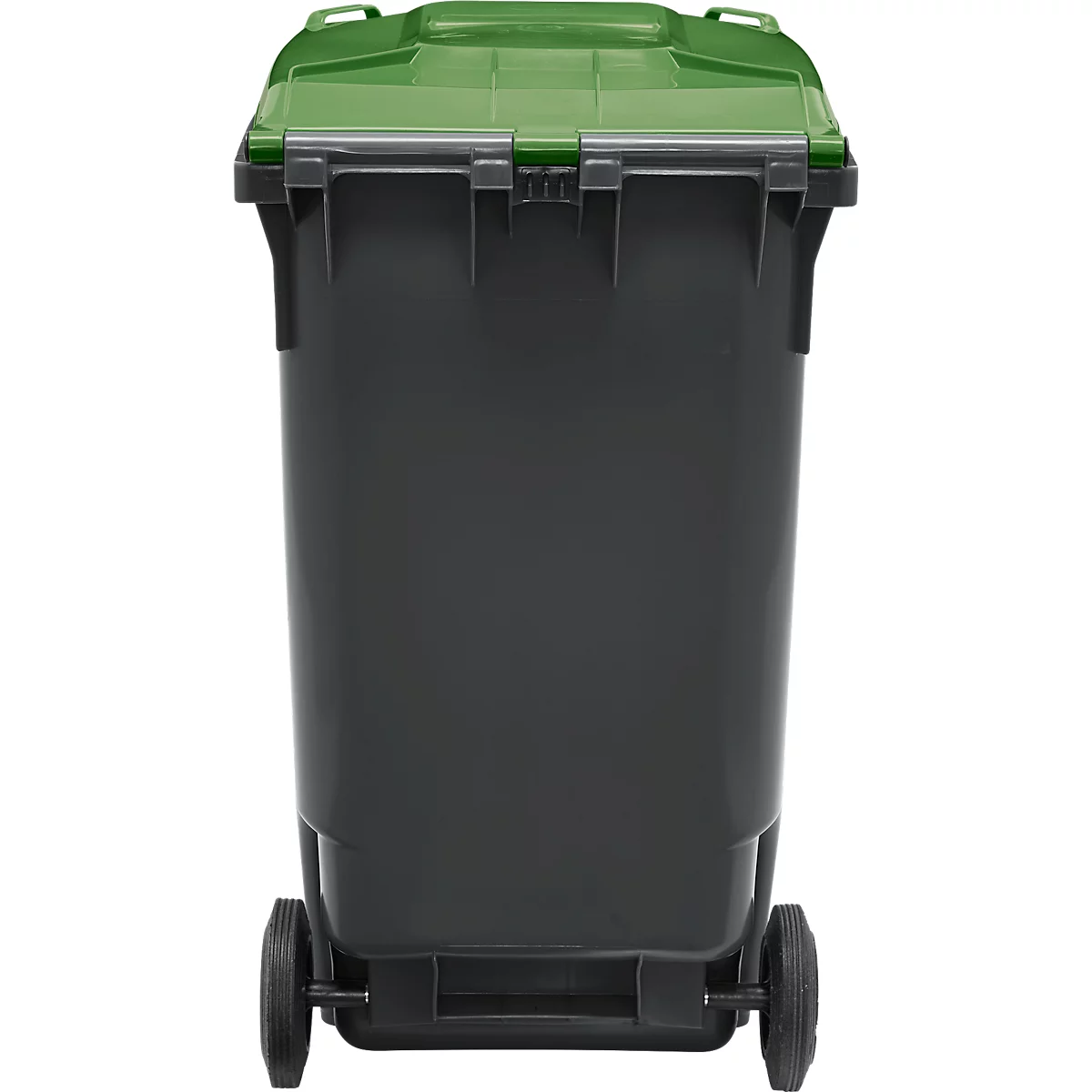Grijze vuilnisbak met groen deksel en wielen. Vooraanzicht.