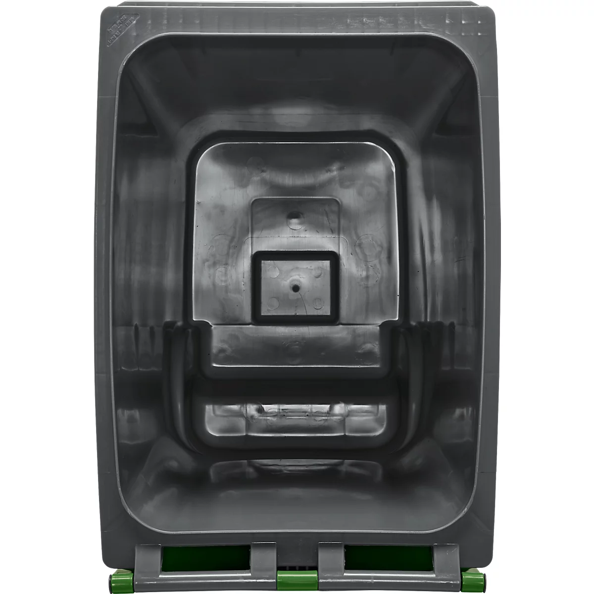 Bovenaanzicht van een grijze rechthoekige container. De binnenkant is gestructureerd, met een vierkante uitsparing in het midden en een groene basis.