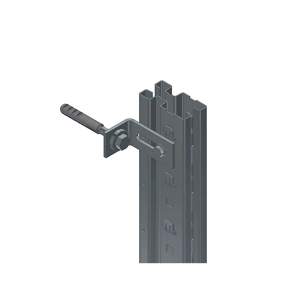 Ein graues Regal mit Befestigungswinkel, Schrauben und Dübel.